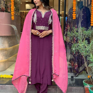 Women's Beautiful Wine Colour Kurta With Pant And Dupatta