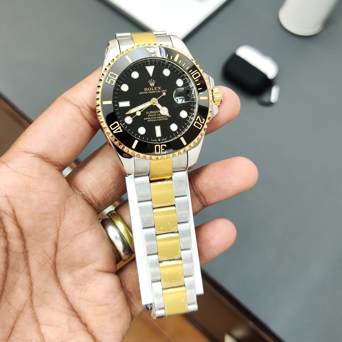 Rolex Submariner Gold & White Chain with Black Dial  Date Automatic